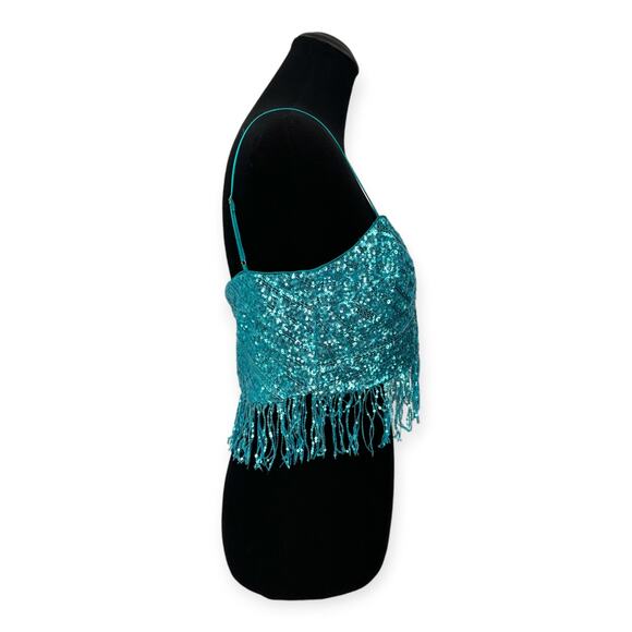 SAYLOR x Revolve | Large | Persephone Sequin Fringe Crop Halter Top in Teal - Picture 8 of 11